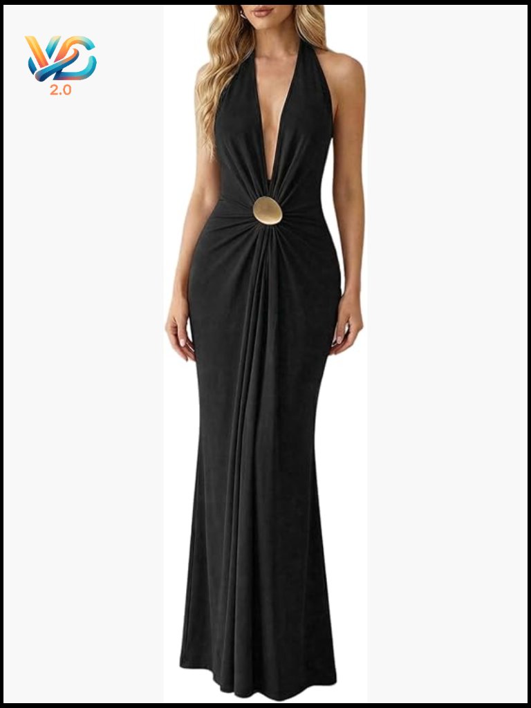 Deep V Neck Halter Maxi Dress Backless Summer Wedding Guest Party Formal